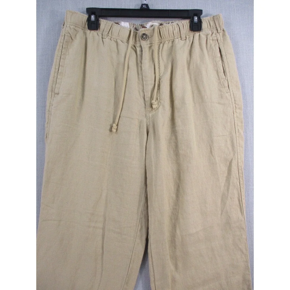 Mens Khaki Tan Linen Blend Elastic Waist Drawstring Straight Leg Pants L